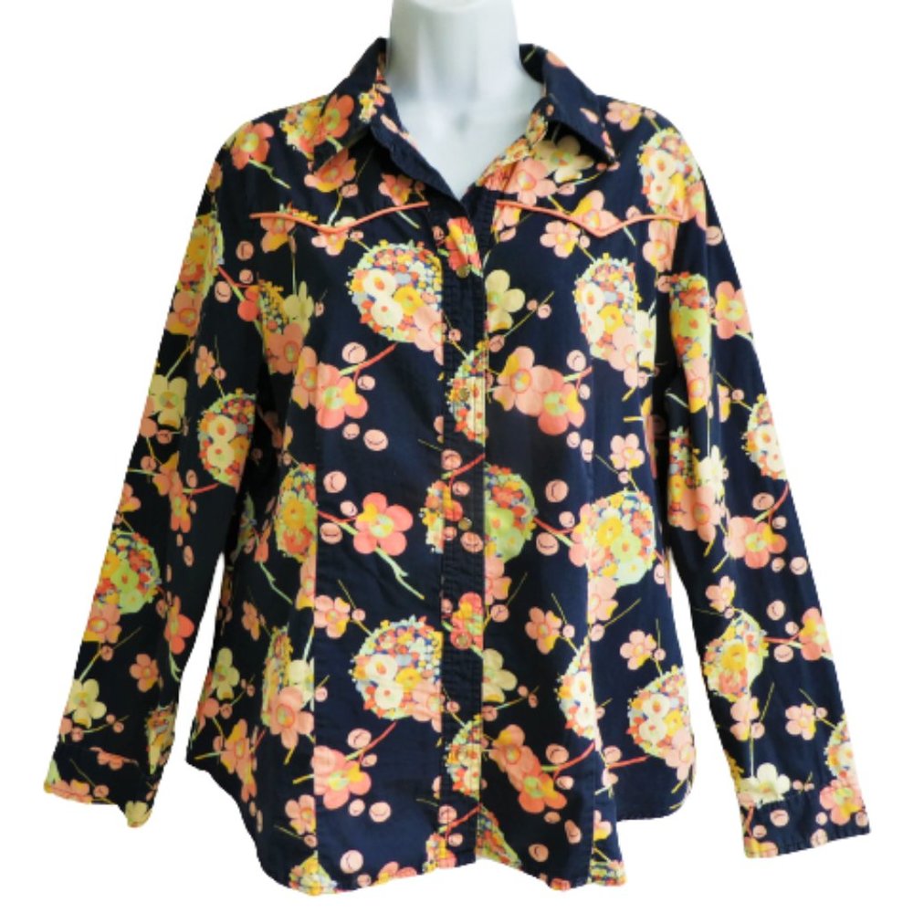 Vintage Gap Western Pearl Snap Mod Floral Shirt Peaked Yokes Piping XL